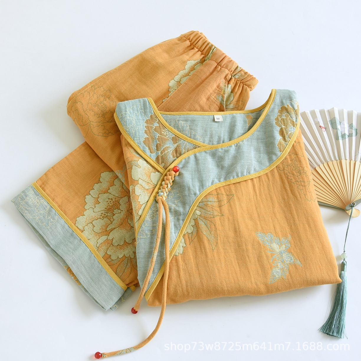 91家纺网 家纺一手货源 找家纺 （总）洛兰沙家居馆 国风新中式提花纯棉棉纱圆领女士睡衣短袖宽松家居服春夏古典风