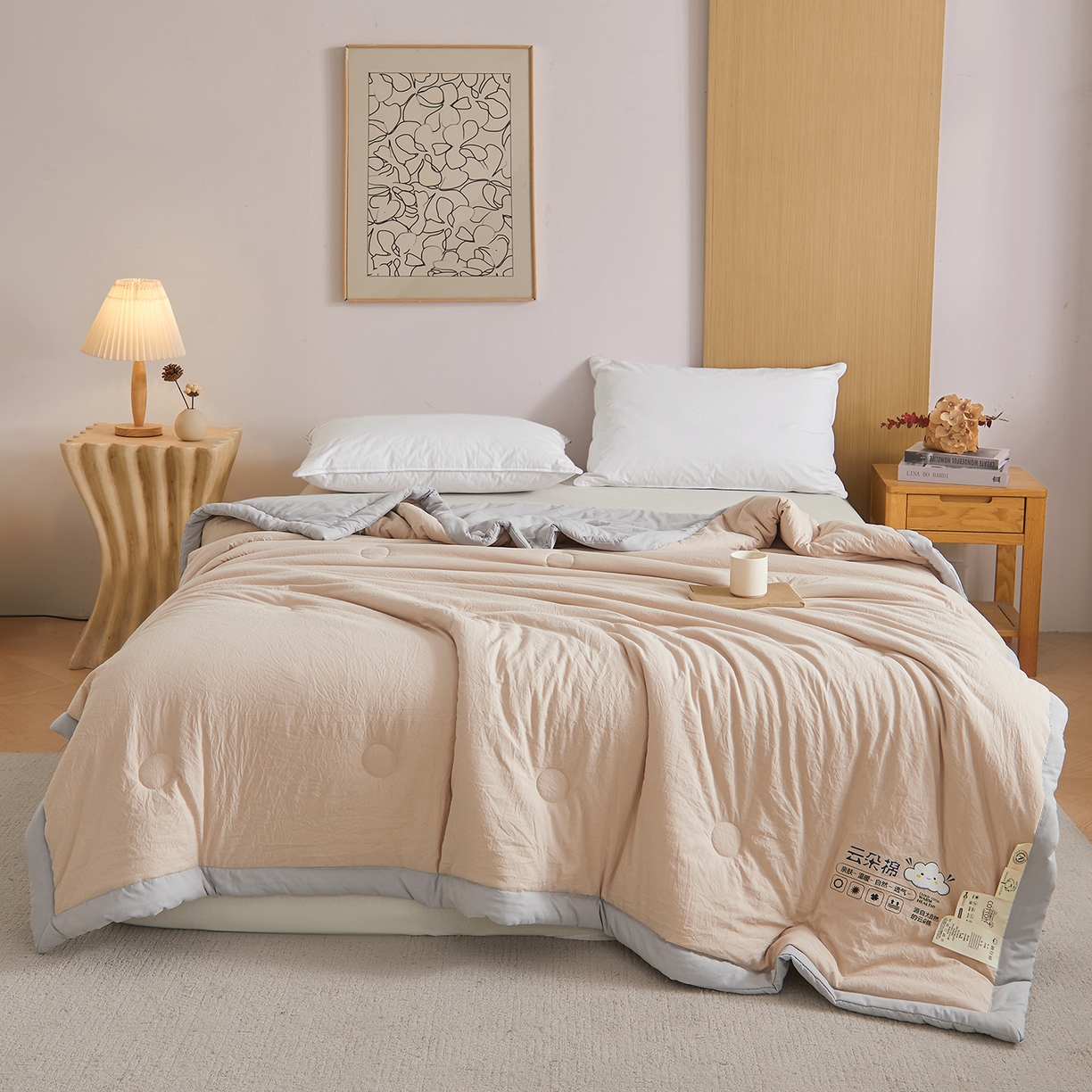 91家纺网 家纺一手货源 找家纺 样样红被业 2026新款水洗棉100%纯棉花夏被 云朵棉-卡其拼灰