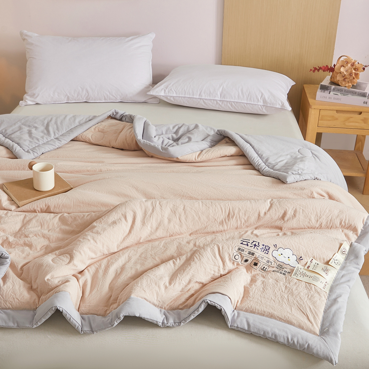 91家纺网 家纺一手货源 找家纺 样样红被业 2026新款水洗棉100%纯棉花夏被 云朵棉-卡其拼灰