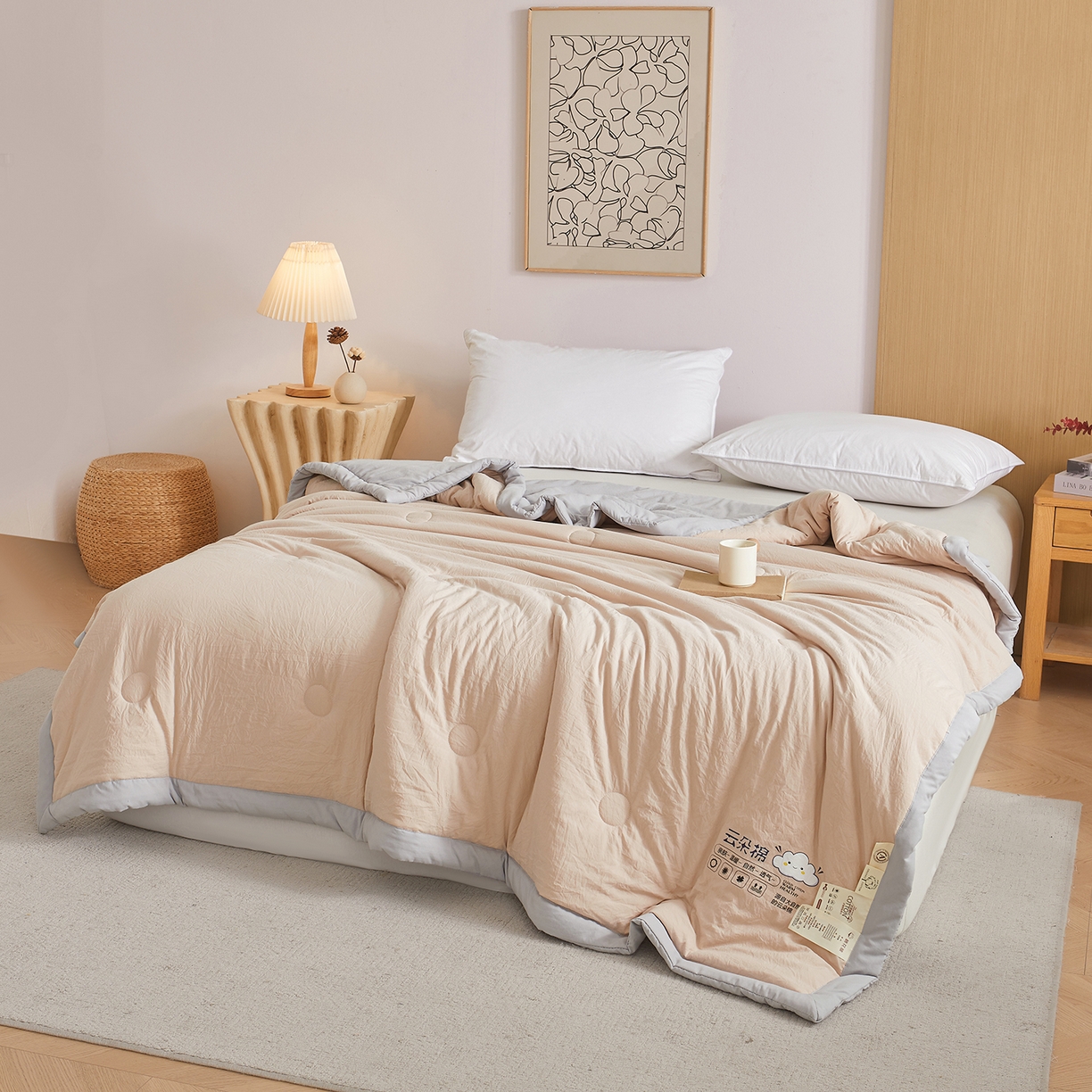 91家纺网 家纺一手货源 找家纺 样样红被业 2026新款水洗棉100%纯棉花夏被 云朵棉-卡其拼灰