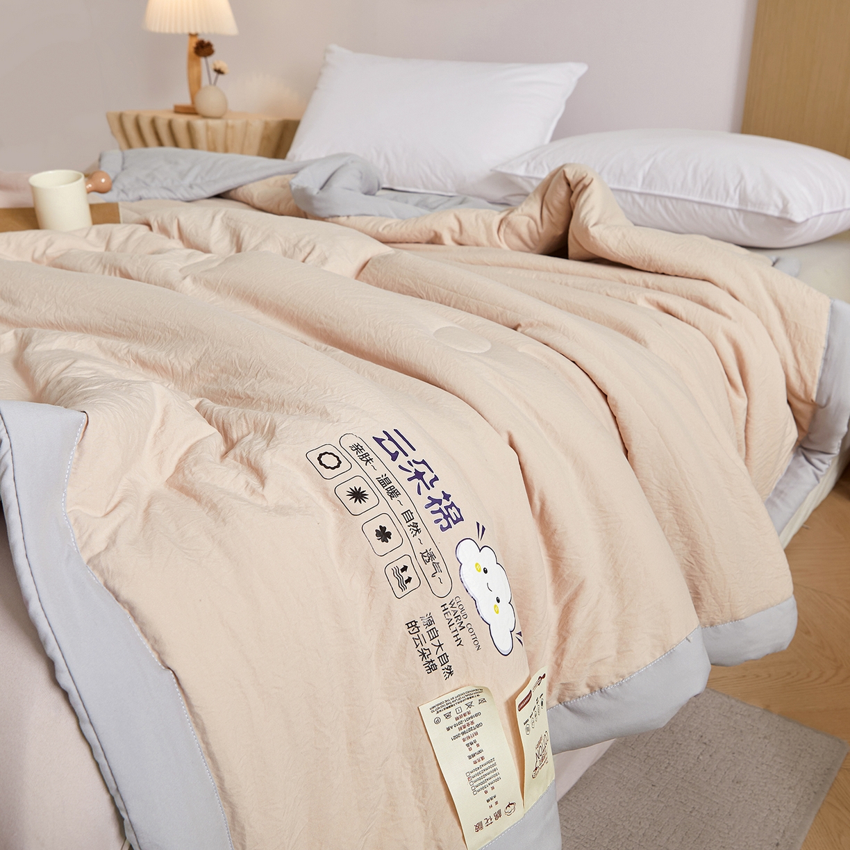 91家纺网 家纺一手货源 找家纺 样样红被业 2026新款水洗棉100%纯棉花夏被 云朵棉-卡其拼灰