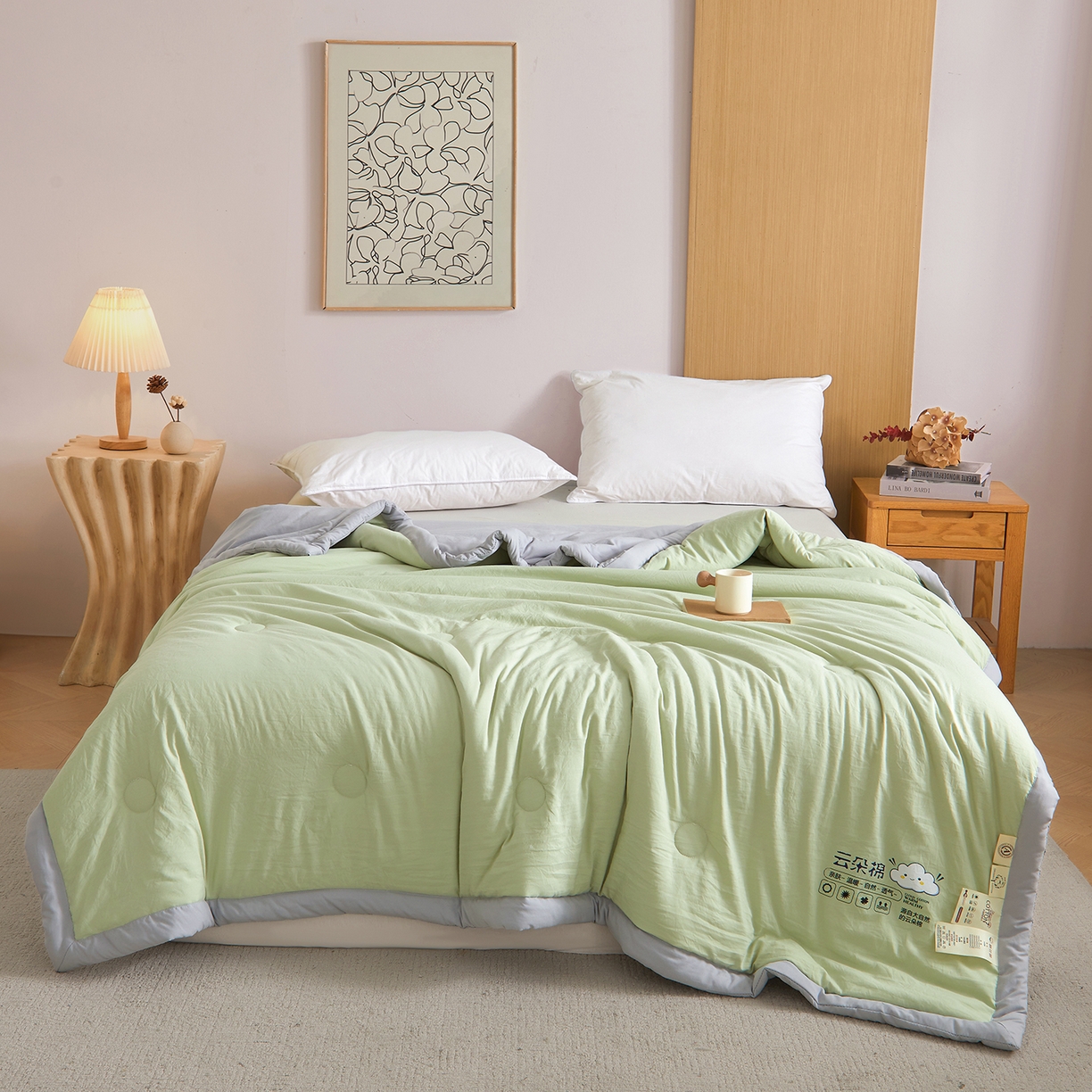 91家纺网 家纺一手货源 找家纺 样样红被业 2026新款水洗棉100%纯棉花夏被 云朵棉-绿拼灰