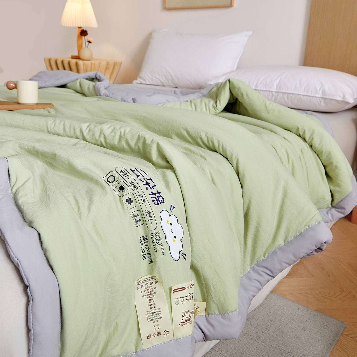 91家纺网 家纺一手货源 找家纺 样样红被业 2026新款水洗棉100%纯棉花夏被 云朵棉-绿拼灰