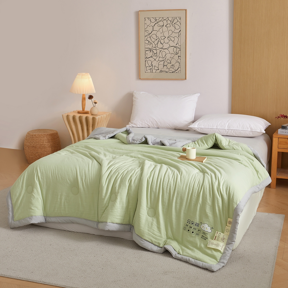 91家纺网 家纺一手货源 找家纺 样样红被业 2026新款水洗棉100%纯棉花夏被 云朵棉-绿拼灰