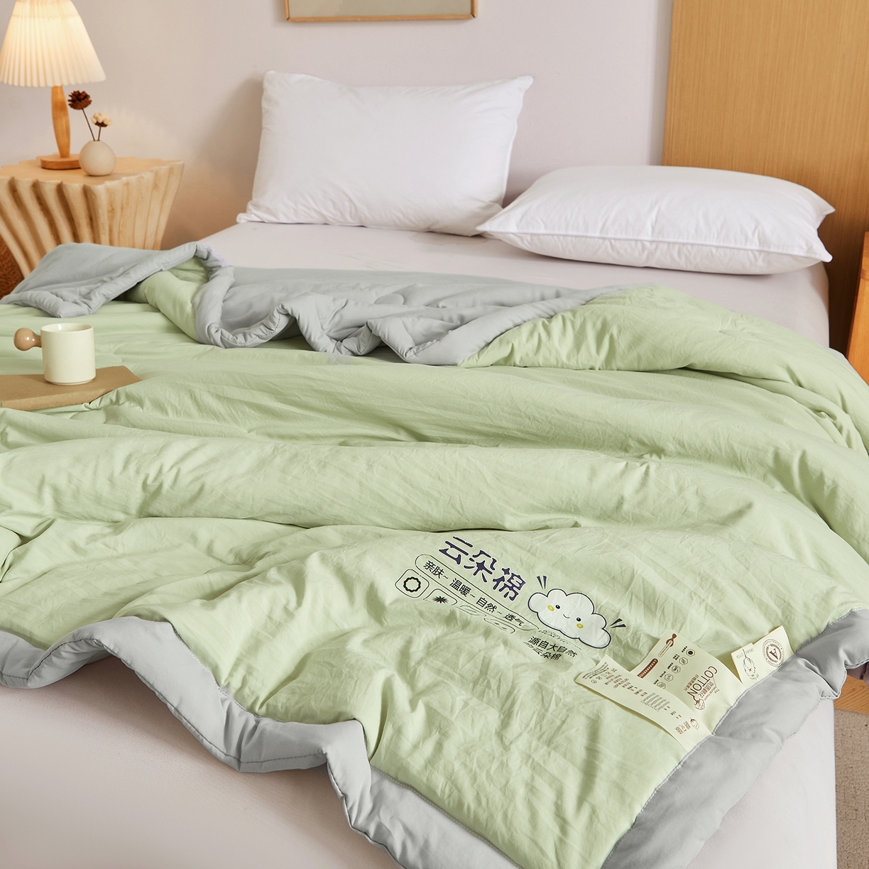 91家纺网 家纺一手货源 找家纺 样样红被业 2026新款水洗棉100%纯棉花夏被 云朵棉-绿拼灰