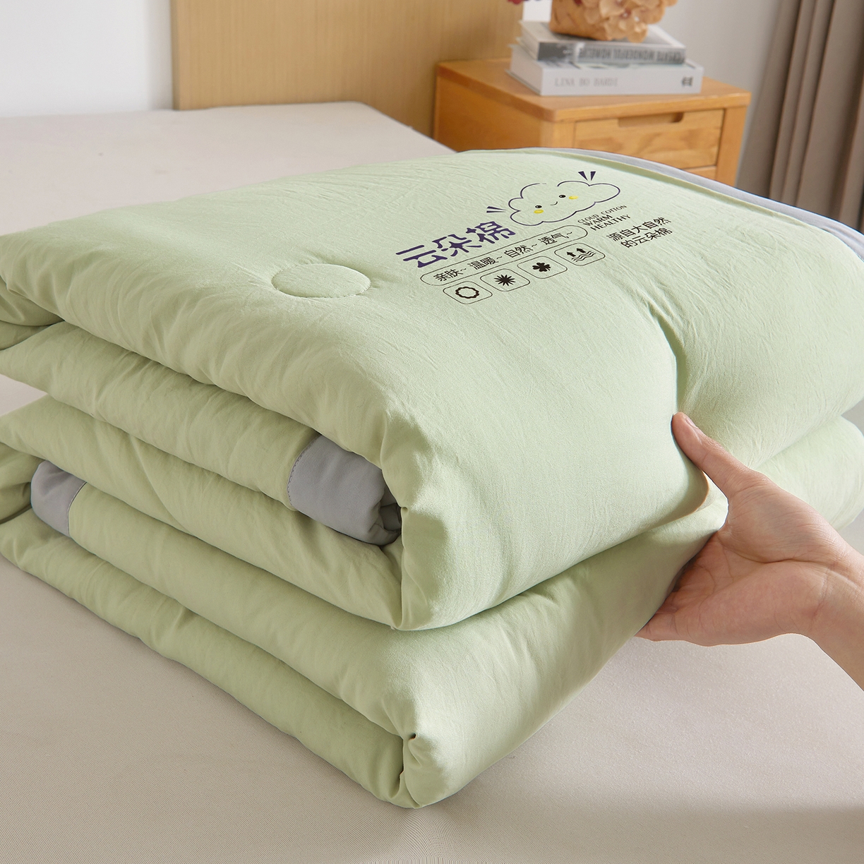 91家纺网 家纺一手货源 找家纺 样样红被业 2026新款水洗棉100%纯棉花夏被 云朵棉-绿拼灰