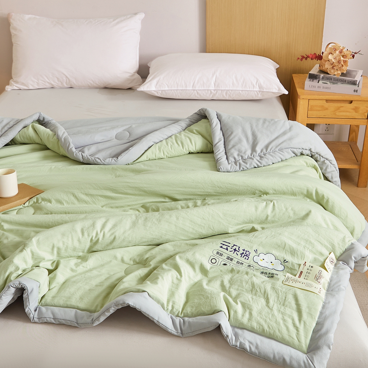 91家纺网 家纺一手货源 找家纺 样样红被业 2026新款水洗棉100%纯棉花夏被 云朵棉-绿拼灰