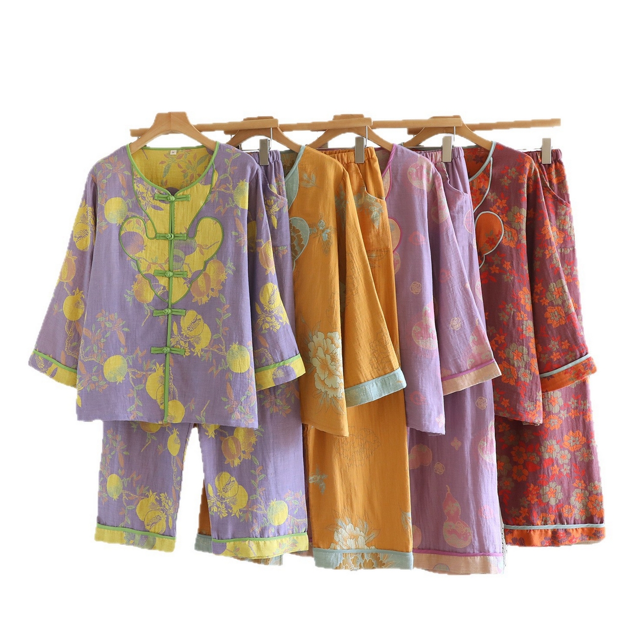 91家纺网 家纺一手货源 找家纺 （总）洛兰沙家居馆 国风中式纯棉居家服女士睡衣 春秋季薄款休闲九分袖套装家居