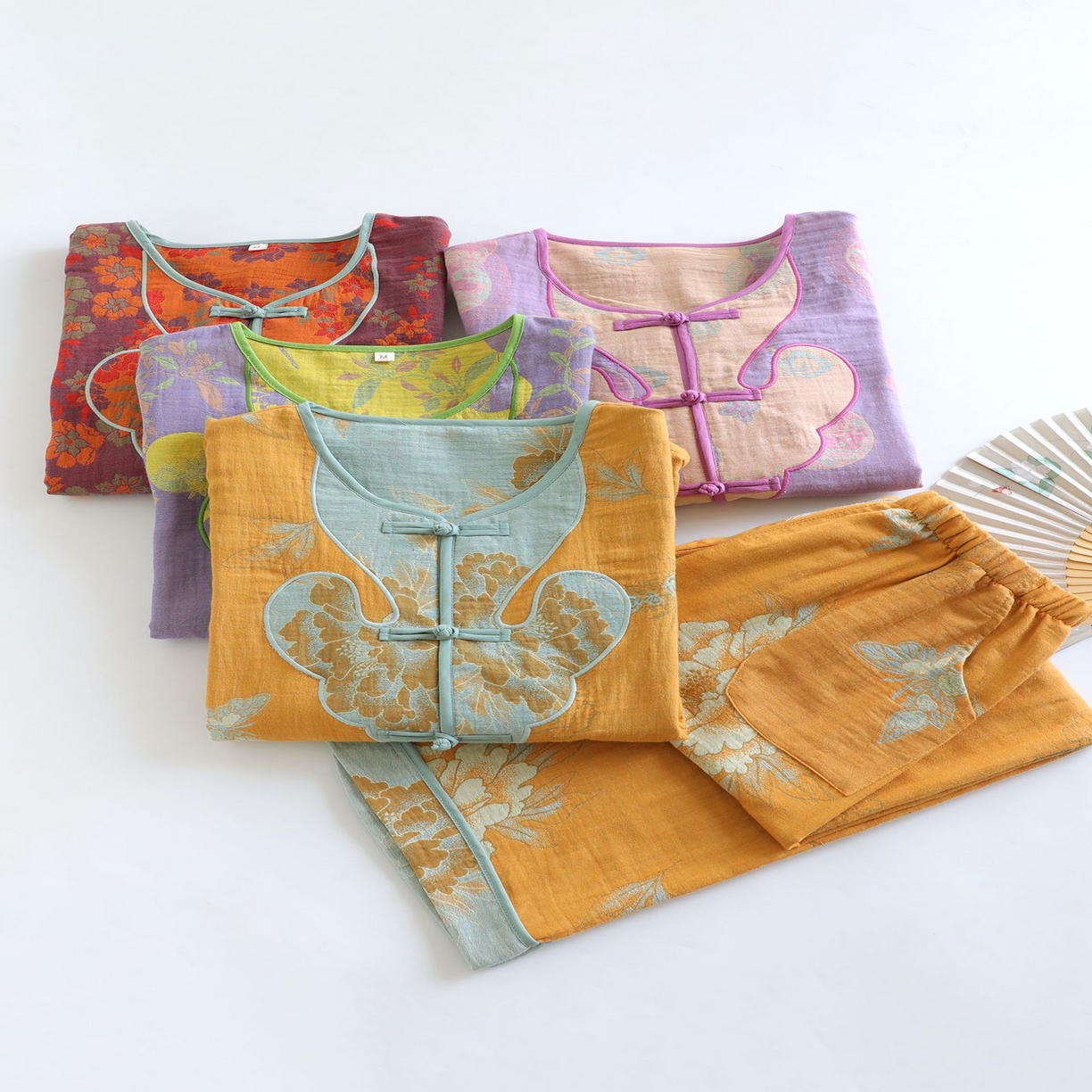 91家纺网 家纺一手货源 找家纺 （总）洛兰沙家居馆 国风中式纯棉居家服女士睡衣 春秋季薄款休闲九分袖套装家居