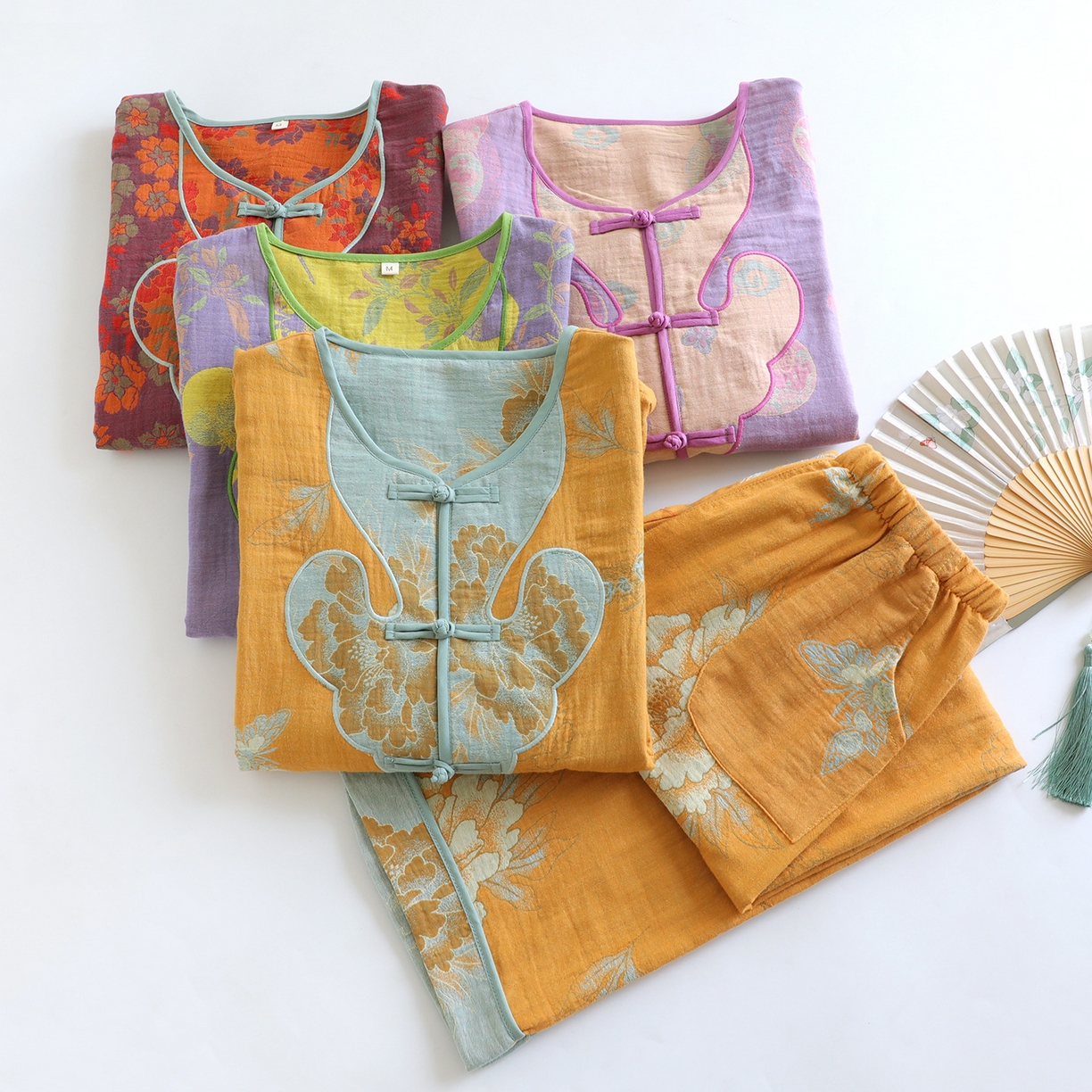 91家纺网 家纺一手货源 找家纺 （总）洛兰沙家居馆 国风中式纯棉居家服女士睡衣 春秋季薄款休闲九分袖套装家居