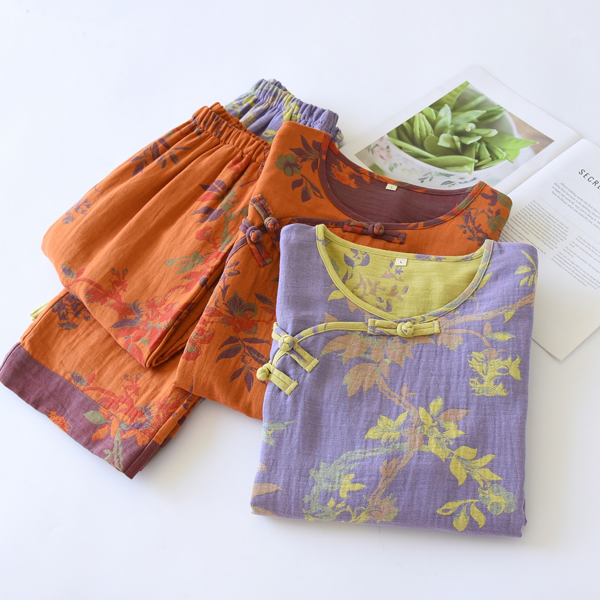 91家纺网 家纺一手货源 找家纺 （总）洛兰沙家居馆 新款色织水洗棉女士大码家居服 双层棉纱复古风睡衣 四季薄款套装