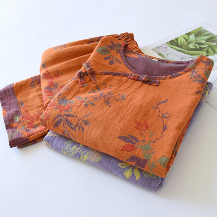 91家纺网 家纺一手货源 找家纺 （总）洛兰沙家居馆 新款色织水洗棉女士大码家居服 双层棉纱复古风睡衣 四季薄款套装