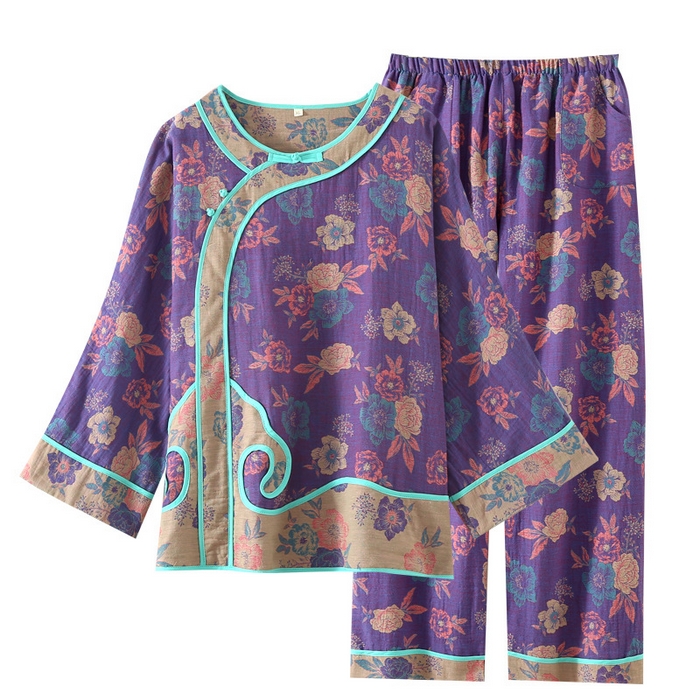 91家纺网 家纺一手货源 找家纺 （总）洛兰沙家居馆 3色复古色织 新中式宫廷风女双层纱纯棉睡衣家居服两件套