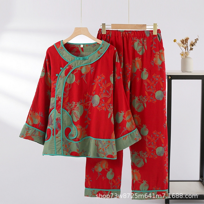 91家纺网 家纺一手货源 找家纺 （总）洛兰沙家居馆 3色复古色织 新中式宫廷风女双层纱纯棉睡衣家居服两件套