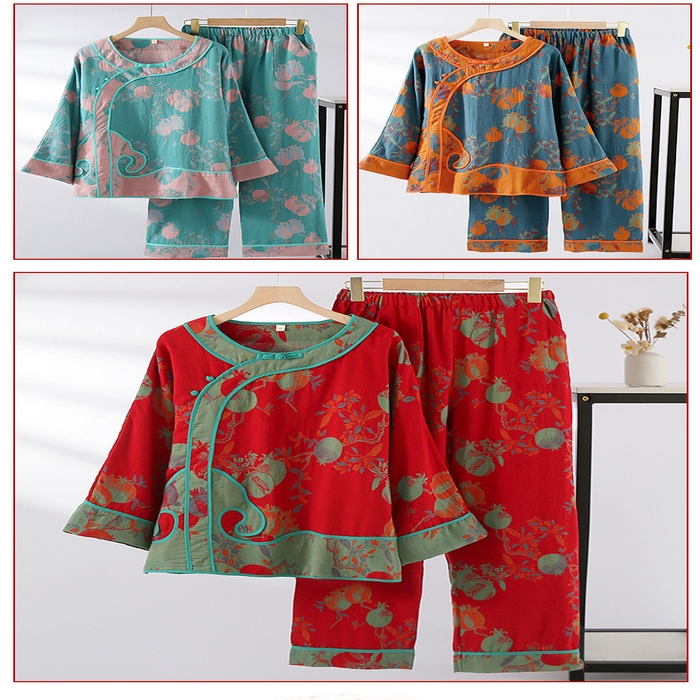 91家纺网 家纺一手货源 找家纺 （总）洛兰沙家居馆 3色复古色织 新中式宫廷风女双层纱纯棉睡衣家居服两件套