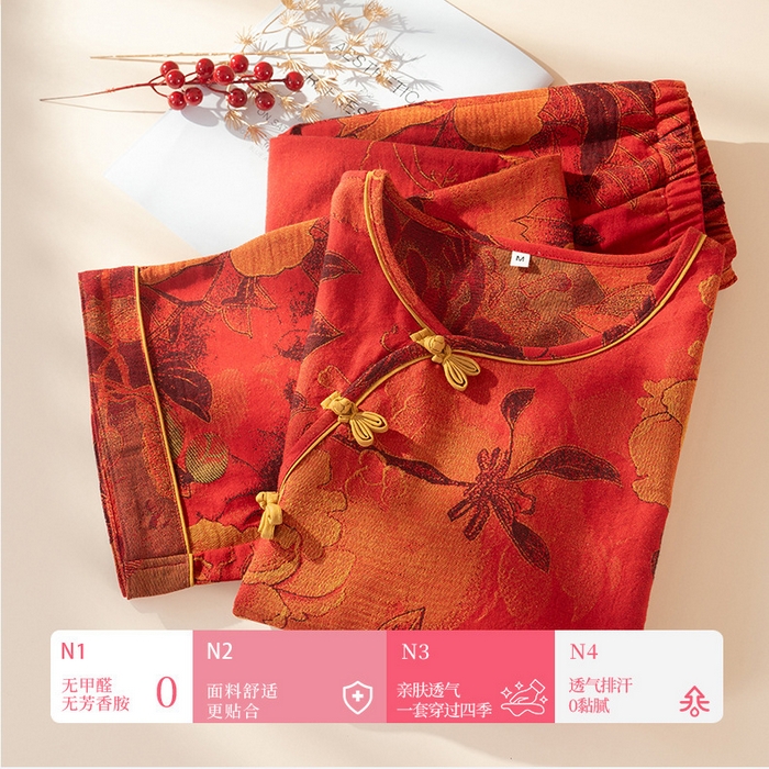 91家纺网 家纺一手货源 找家纺 （总）洛兰沙家居馆 新款幸运红色睡衣女纯棉纱布国风家居服春夏九分袖居家服可外穿