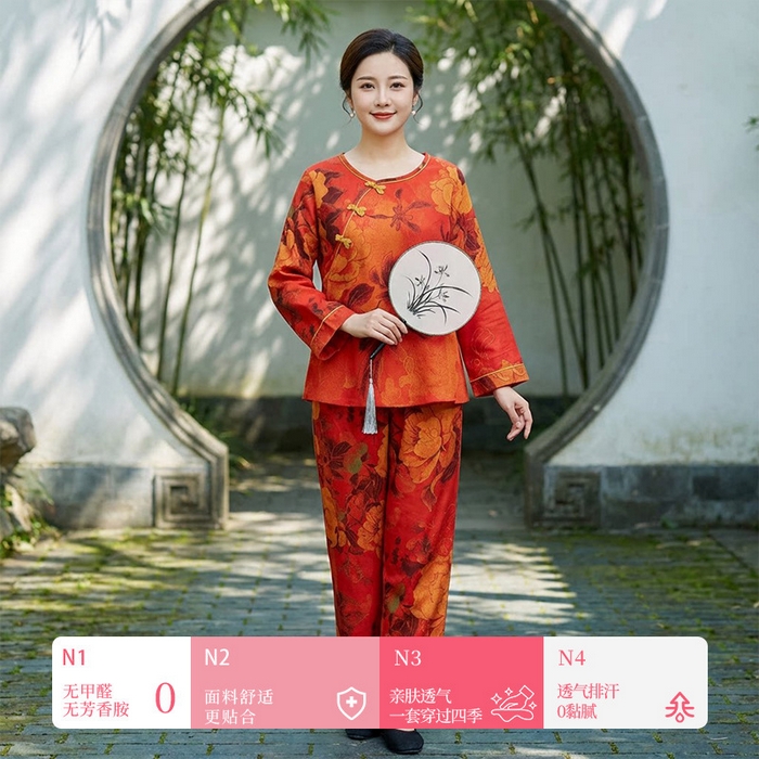 91家纺网 家纺一手货源 找家纺 （总）洛兰沙家居馆 新款幸运红色睡衣女纯棉纱布国风家居服春夏九分袖居家服可外穿