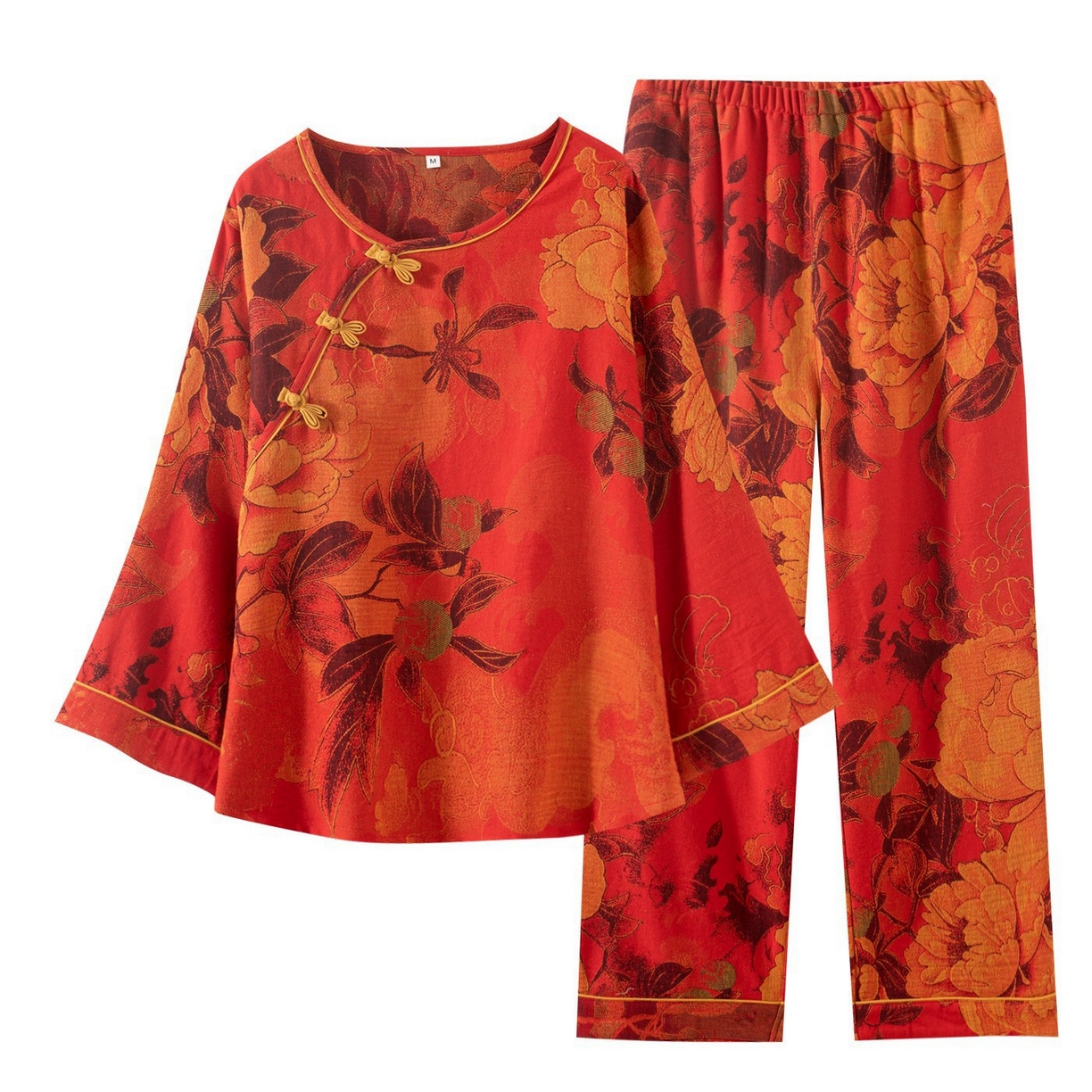 91家纺网 家纺一手货源 找家纺 （总）洛兰沙家居馆 新款幸运红色睡衣女纯棉纱布国风家居服春夏九分袖居家服可外穿