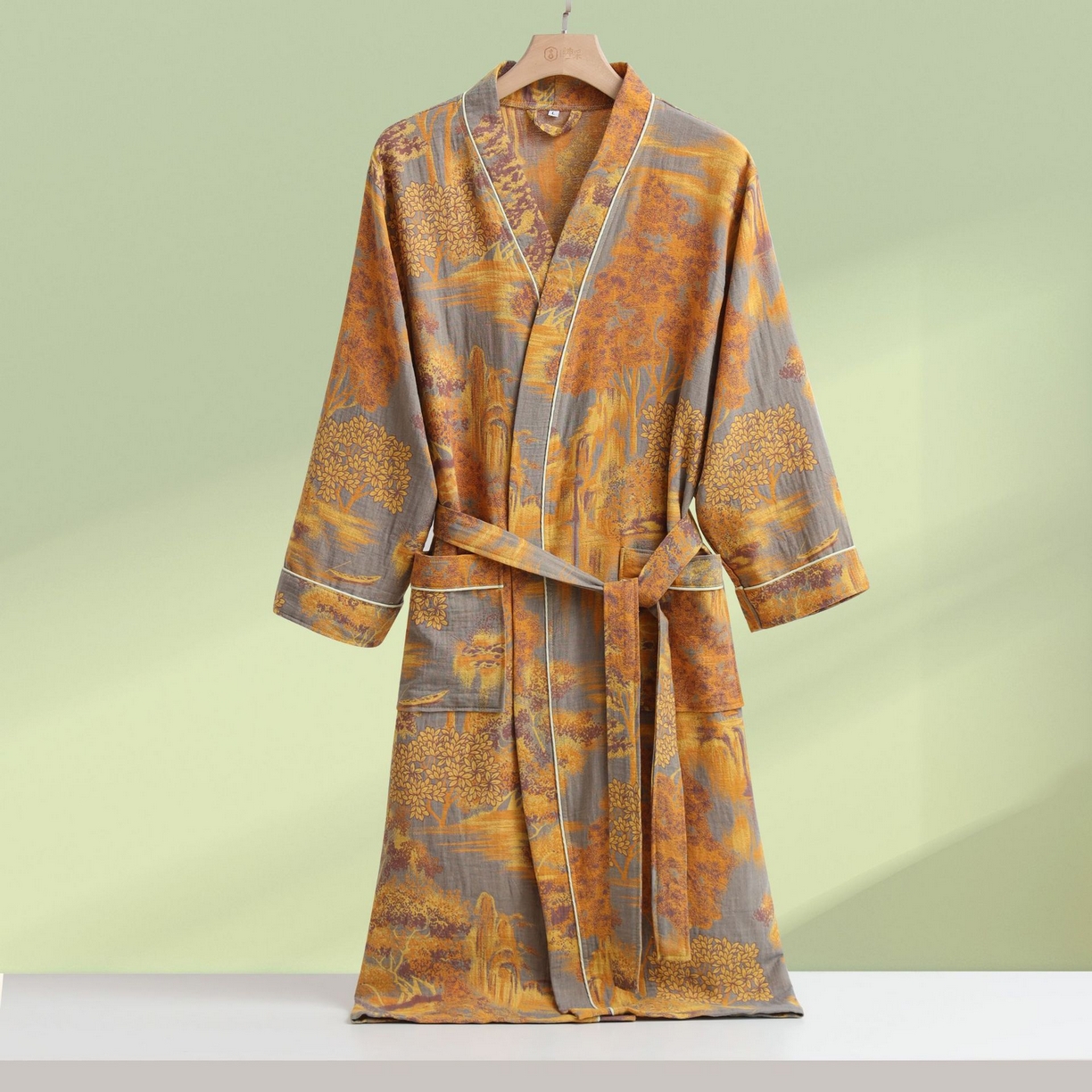 91家纺网 家纺一手货源 找家纺 （总）洛兰沙家居馆 跨境新款纯棉双层纱浴袍全棉和服长袖情侣睡衣家居服吸水浴衣批发