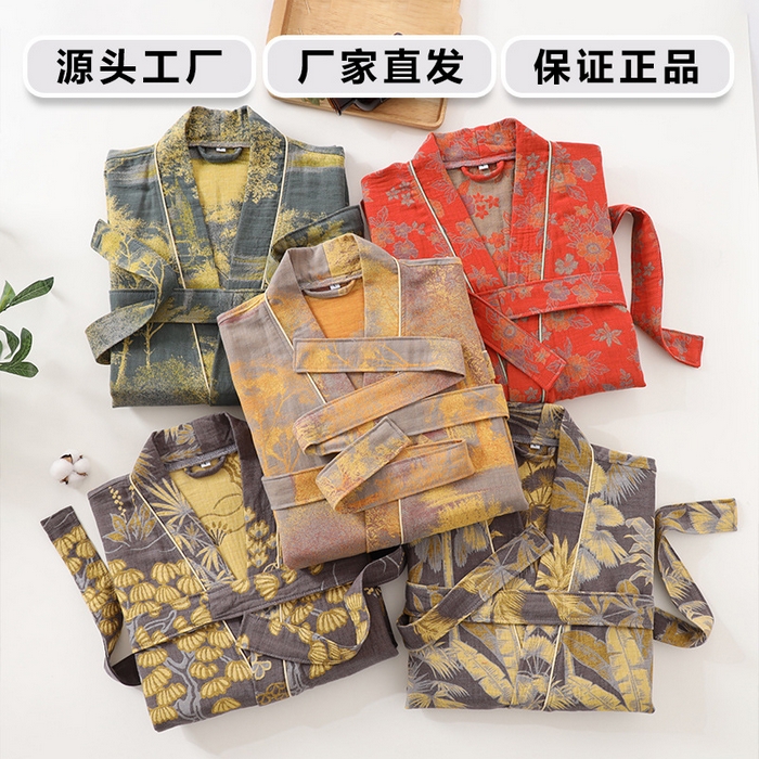 91家纺网 家纺一手货源 找家纺 （总）洛兰沙家居馆 跨境新款纯棉双层纱浴袍全棉和服长袖情侣睡衣家居服吸水浴衣批发
