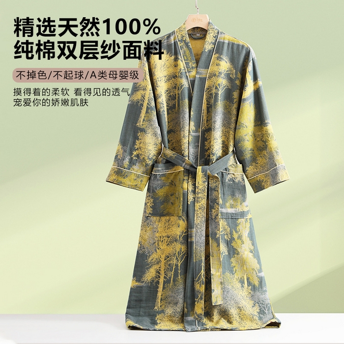 91家纺网 家纺一手货源 找家纺 （总）洛兰沙家居馆 跨境新款纯棉双层纱浴袍全棉和服长袖情侣睡衣家居服吸水浴衣批发