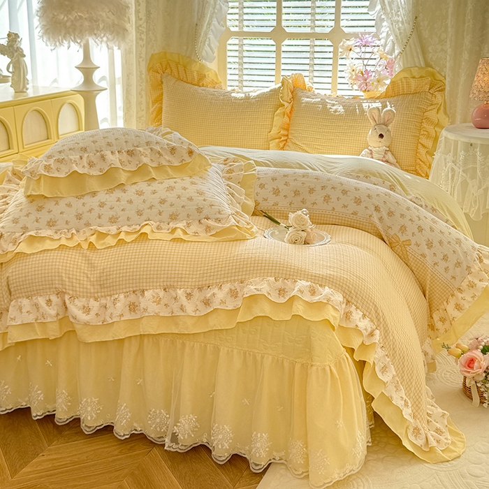 91家纺网 家纺一手货源 找家纺 （总）2026春夏新款ins风小清新AB版法式云朵棉木棉床盖款四件套