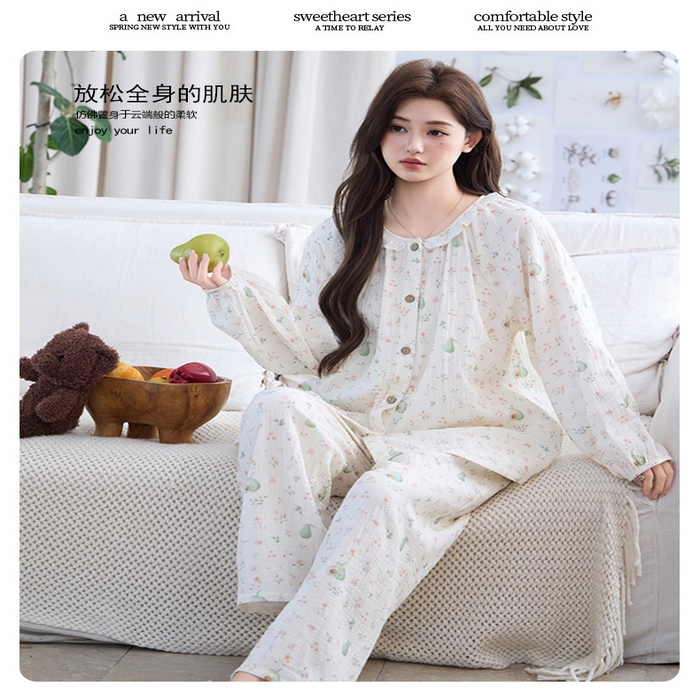 91家纺网 家纺一手货源 找家纺 （总）洛兰沙家居馆 竹棉睡衣女款春秋季新款棉纱家居服女薄款花边圆领长袖睡衣居家服