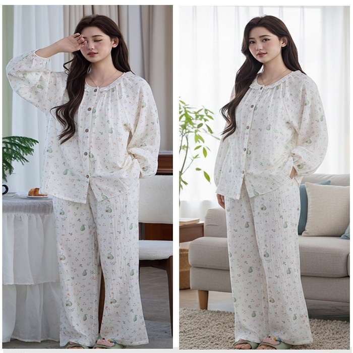 91家纺网 家纺一手货源 找家纺 （总）洛兰沙家居馆 竹棉睡衣女款春秋季新款棉纱家居服女薄款花边圆领长袖睡衣居家服
