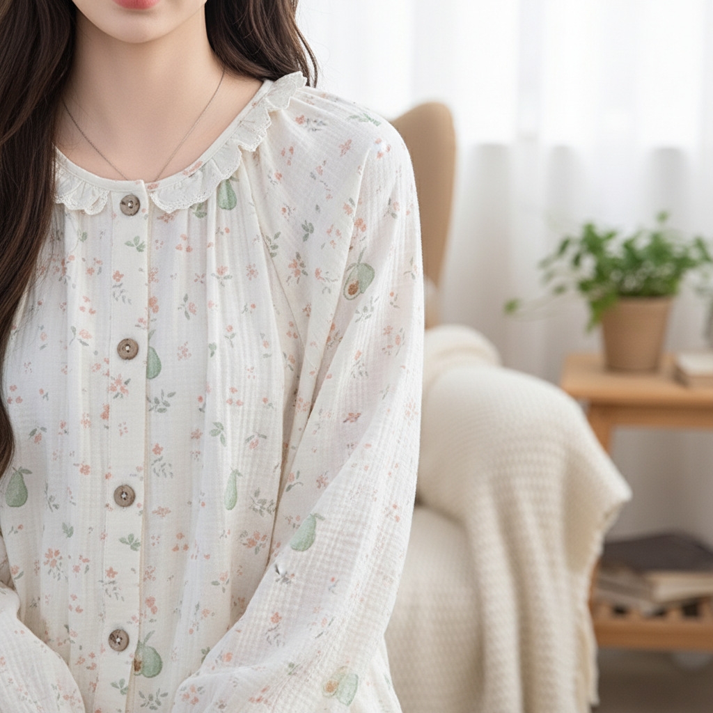 91家纺网 家纺一手货源 找家纺 （总）洛兰沙家居馆 竹棉睡衣女款春秋季新款棉纱家居服女薄款花边圆领长袖睡衣居家服