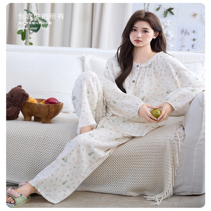 91家纺网 家纺一手货源 找家纺 （总）洛兰沙家居馆 竹棉睡衣女款春秋季新款棉纱家居服女薄款花边圆领长袖睡衣居家服