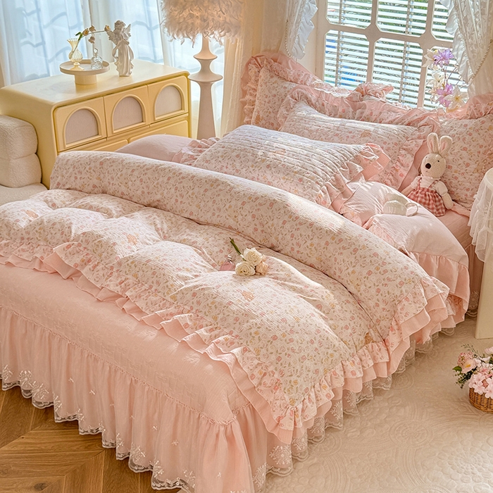 91家纺网 家纺一手货源 找家纺 （总）2026春夏新款ins风小清新AB版法式云朵棉木棉床盖款四件套