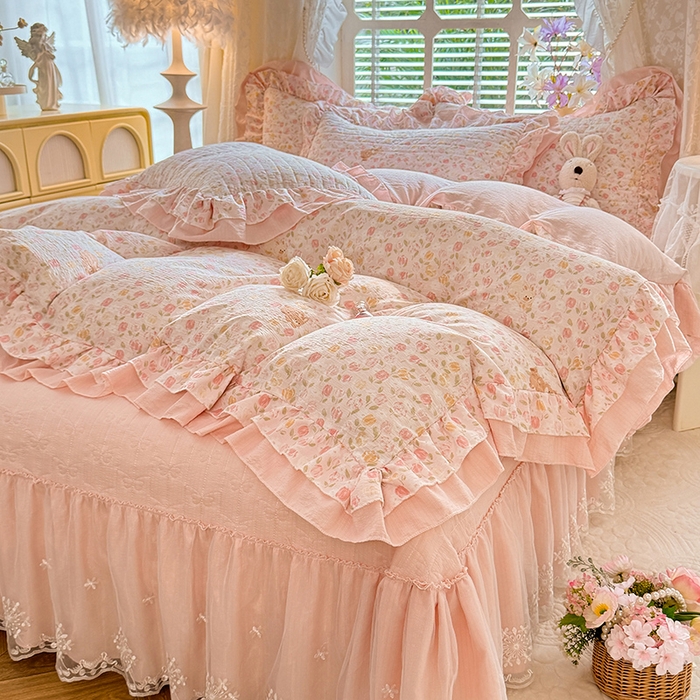 91家纺网 家纺一手货源 找家纺 2026春夏新款ins风小清新AB版法式云朵棉木棉床盖款四件套 a莫奈-粉