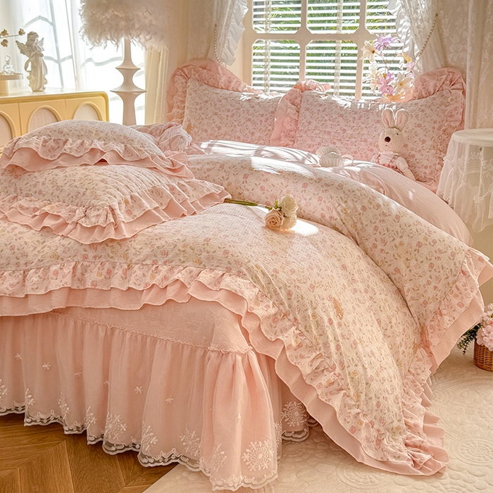 91家纺网 家纺一手货源 找家纺 2026春夏新款ins风小清新AB版法式云朵棉木棉床盖款四件套 a莫奈-粉