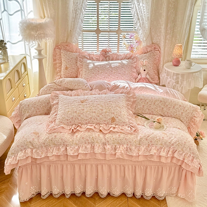 91家纺网 家纺一手货源 找家纺 2026春夏新款ins风小清新AB版法式云朵棉木棉床盖款四件套 a莫奈-粉