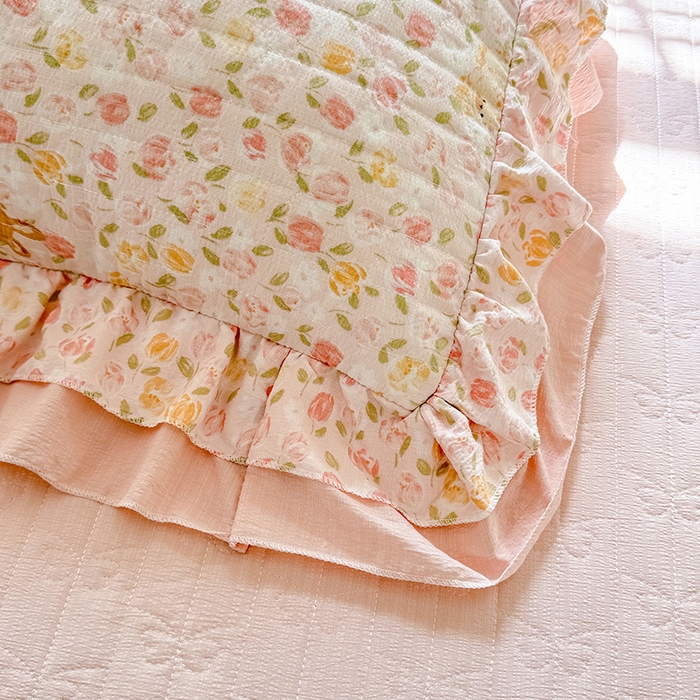 91家纺网 家纺一手货源 找家纺 2026春夏新款ins风小清新AB版法式云朵棉木棉床盖款四件套 a莫奈-粉