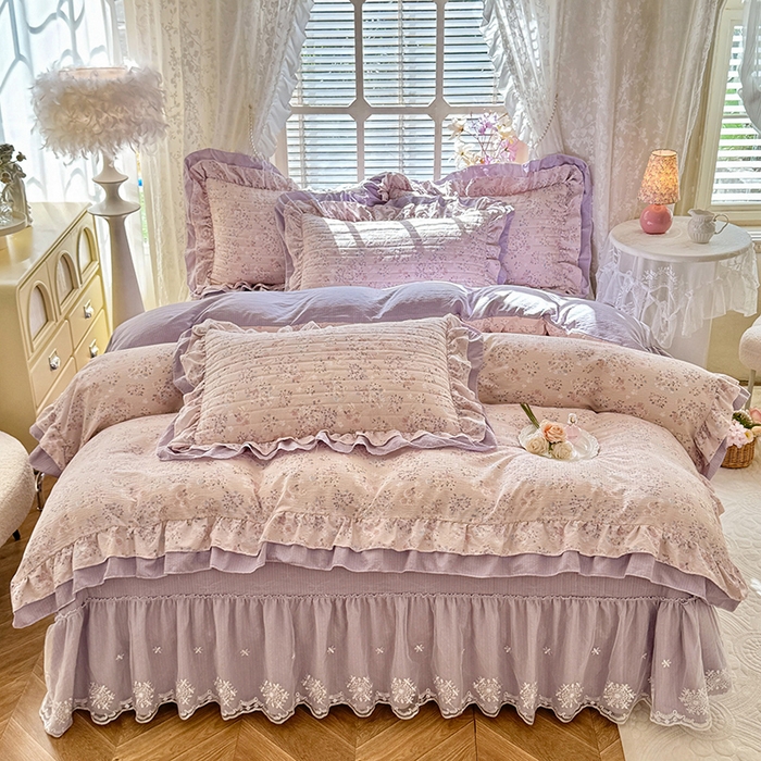 91家纺网 家纺一手货源 找家纺 2026春夏新款ins风小清新AB版法式云朵棉木棉床盖款四件套 a紫韵