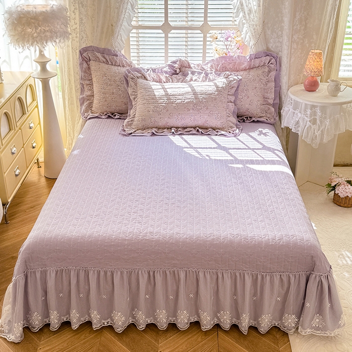 91家纺网 家纺一手货源 找家纺 2026春夏新款ins风小清新AB版法式云朵棉木棉床盖款四件套 a紫韵