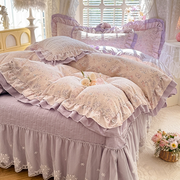 91家纺网 家纺一手货源 找家纺 2026春夏新款ins风小清新AB版法式云朵棉木棉床盖款四件套 a紫韵