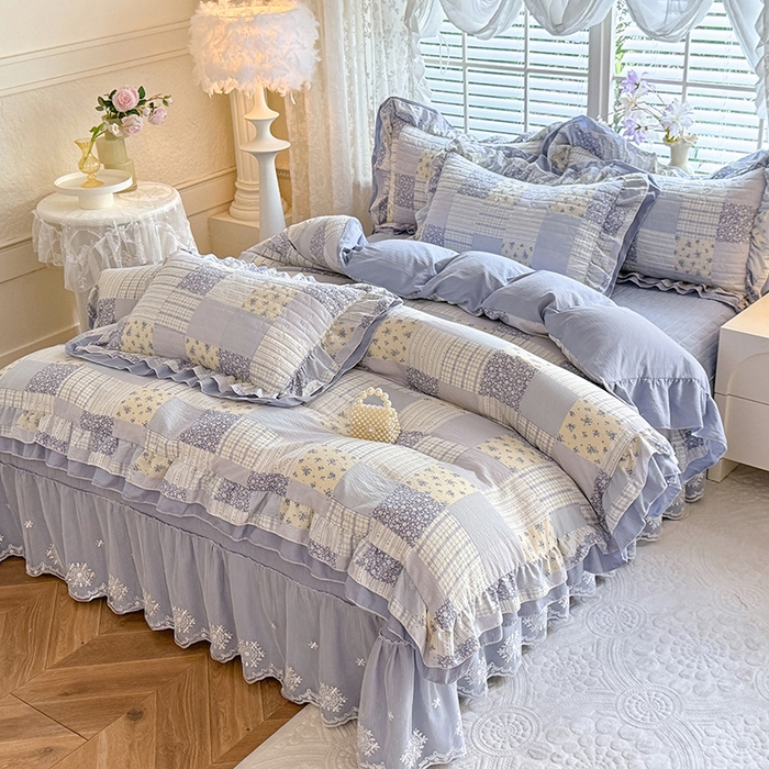 2026春夏新款ins风小清新AB版法式云朵棉木棉床盖款四件套 兰黛
