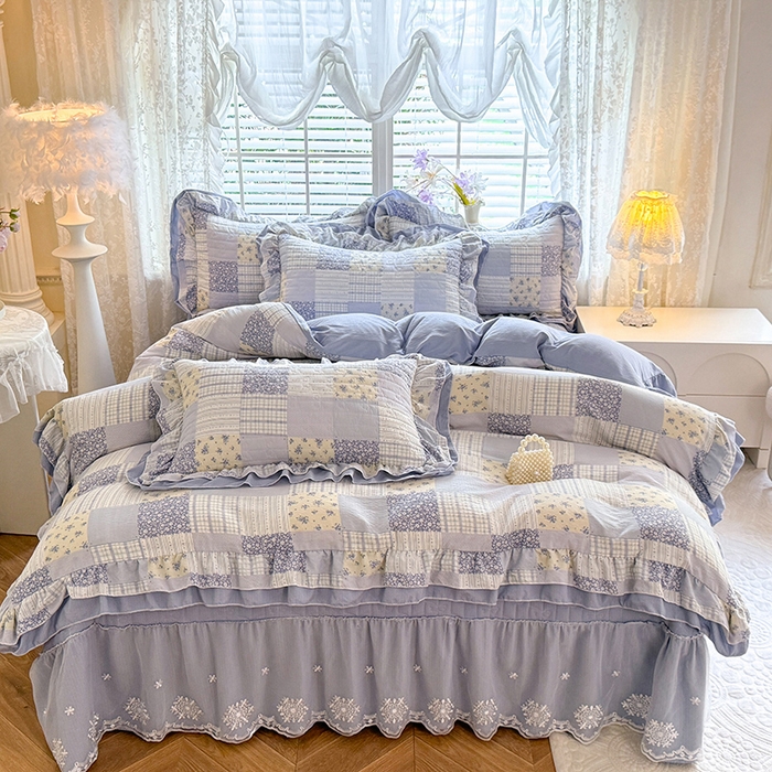 91家纺网 家纺一手货源 找家纺 2026春夏新款ins风小清新AB版法式云朵棉木棉床盖款四件套 兰黛