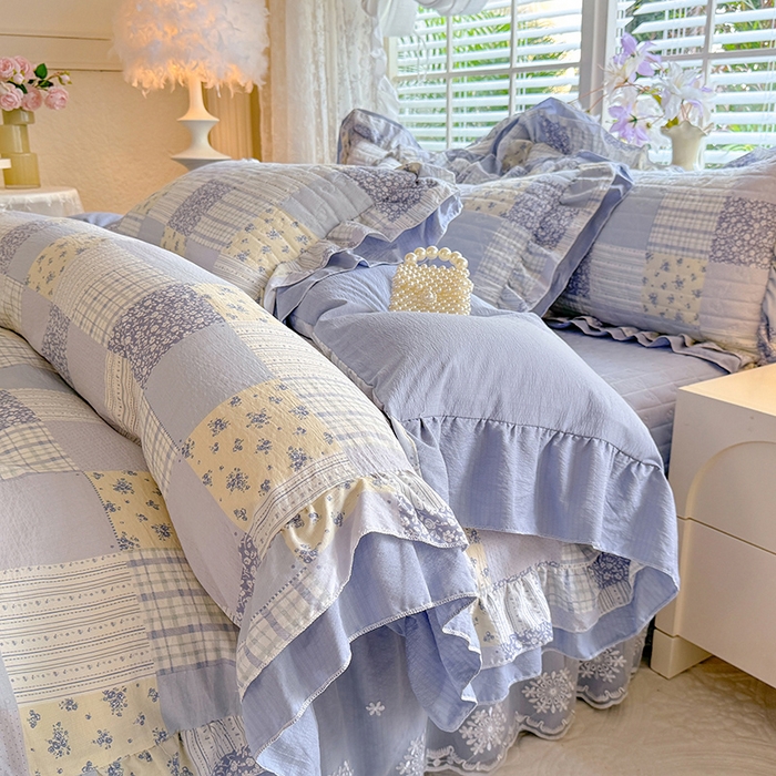 91家纺网 家纺一手货源 找家纺 2026春夏新款ins风小清新AB版法式云朵棉木棉床盖款四件套 兰黛