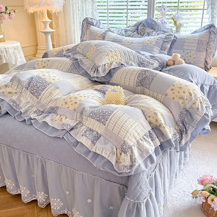 91家纺网 家纺一手货源 找家纺 2026春夏新款ins风小清新AB版法式云朵棉木棉床盖款四件套 兰黛