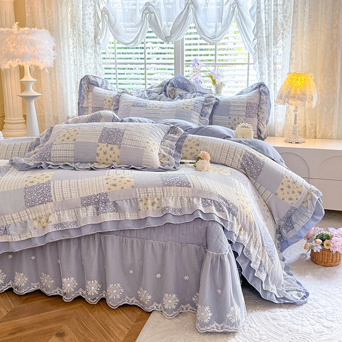 91家纺网 家纺一手货源 找家纺 2026春夏新款ins风小清新AB版法式云朵棉木棉床盖款四件套 兰黛