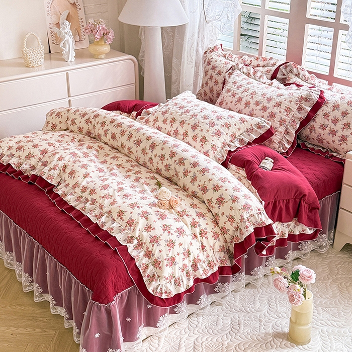 91家纺网 家纺一手货源 找家纺 2026春夏新款ins风小清新AB版法式云朵棉木棉床盖款四件套 玫瑰庄园