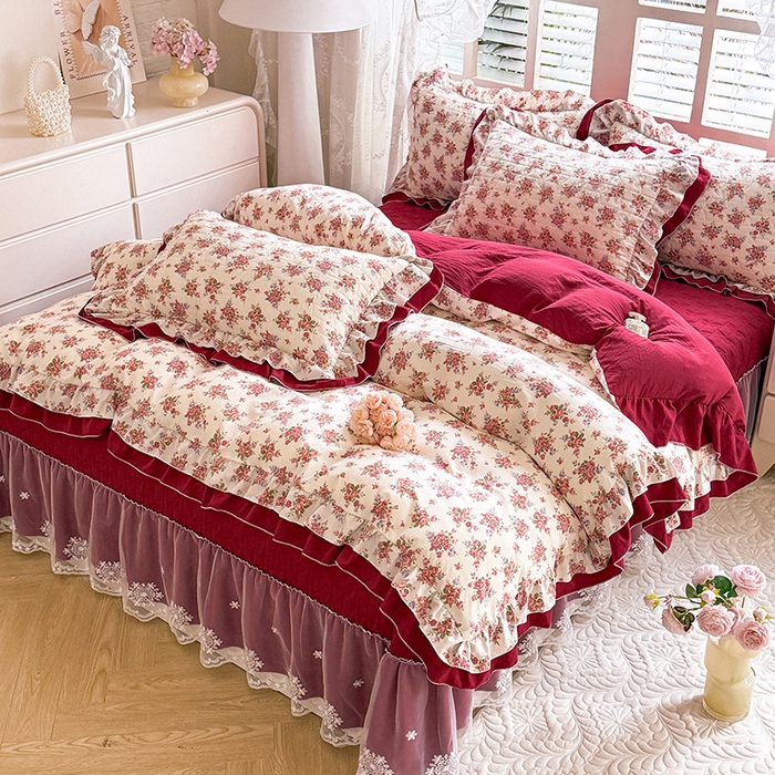 91家纺网 家纺一手货源 找家纺 2026春夏新款ins风小清新AB版法式云朵棉木棉床盖款四件套 玫瑰庄园