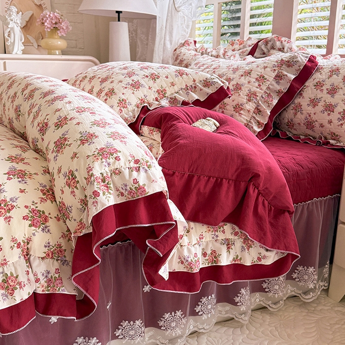 91家纺网 家纺一手货源 找家纺 2026春夏新款ins风小清新AB版法式云朵棉木棉床盖款四件套 玫瑰庄园