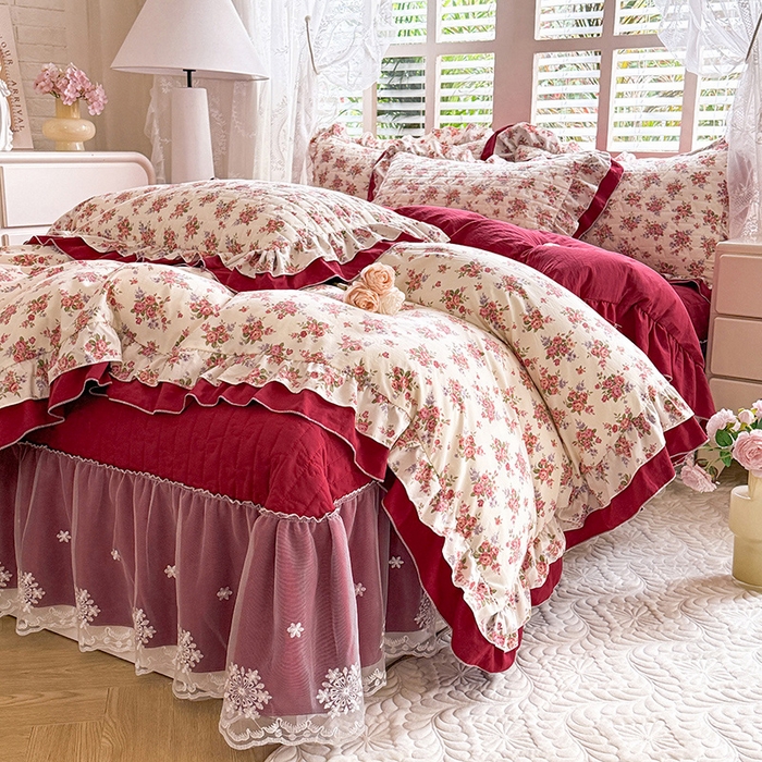 91家纺网 家纺一手货源 找家纺 2026春夏新款ins风小清新AB版法式云朵棉木棉床盖款四件套 玫瑰庄园