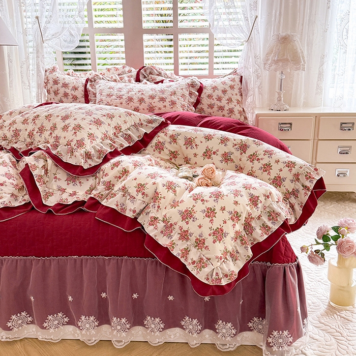 91家纺网 家纺一手货源 找家纺 2026春夏新款ins风小清新AB版法式云朵棉木棉床盖款四件套 玫瑰庄园