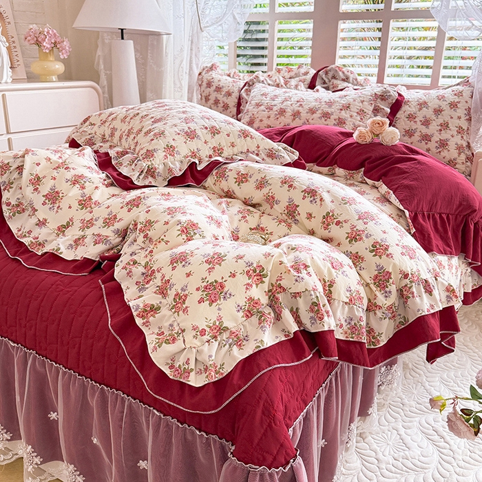 91家纺网 家纺一手货源 找家纺 2026春夏新款ins风小清新AB版法式云朵棉木棉床盖款四件套 玫瑰庄园