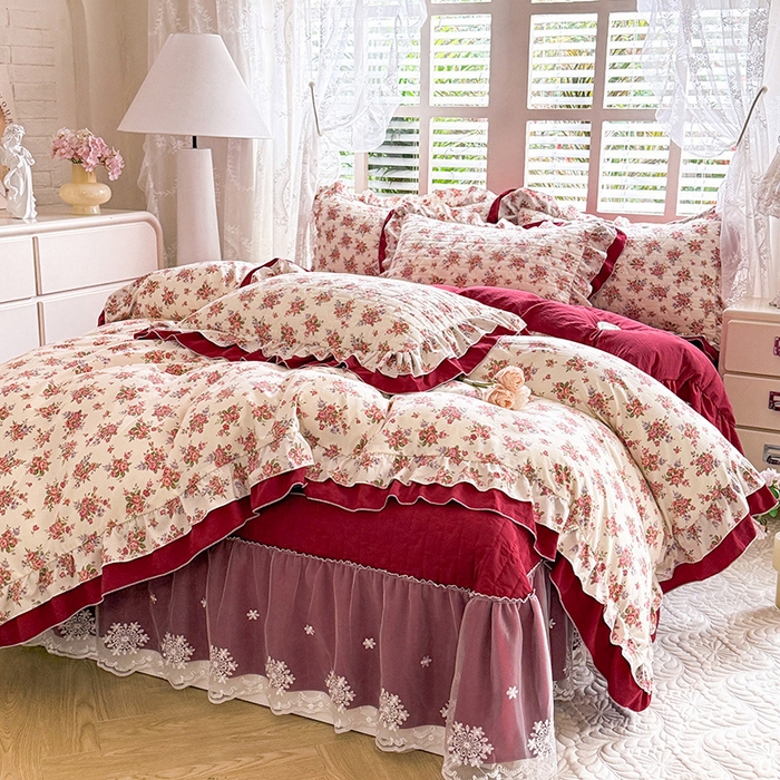 91家纺网 家纺一手货源 找家纺 2026春夏新款ins风小清新AB版法式云朵棉木棉床盖款四件套 玫瑰庄园